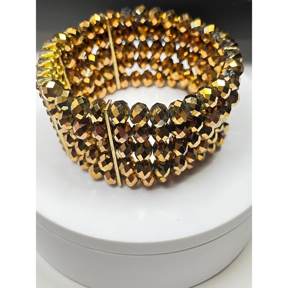 Vintage  Amber Facet Multi-Strand Beaded Stretch Bracelet- Rhinestone Bracelet - Picture 8 of 8